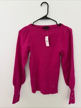 NWT Ann Taylor Fuchsia Puff-Sleeve Ribbed Long-Sleeve Top
